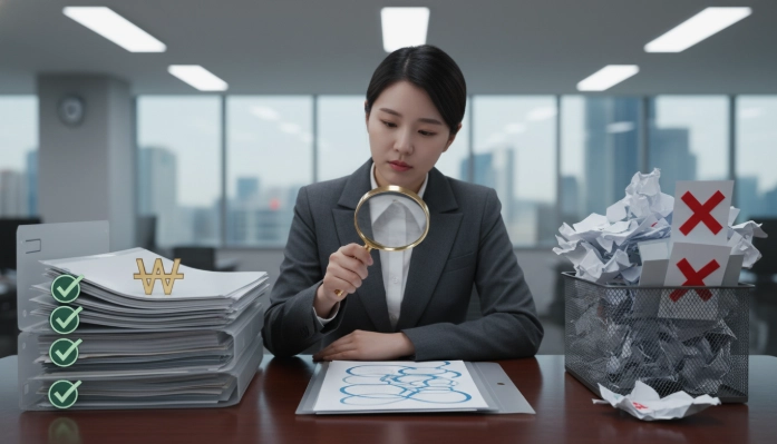 돋보기를 들고 서류를 심사하는 한국인 심사관의 모습. 한쪽에는 명확하고 잘 정리된 서류, 다른 한쪽에는 복잡하고 누락된 서류가 대비되어, 서류 심사의 명확성과 진실성 포인트를 강조합니다.
