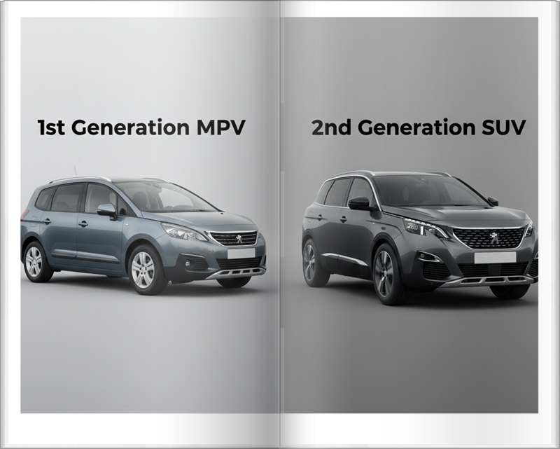 1세대 MPV 스타일과 2세대 SUV 스타일의 외관 비교 이미지