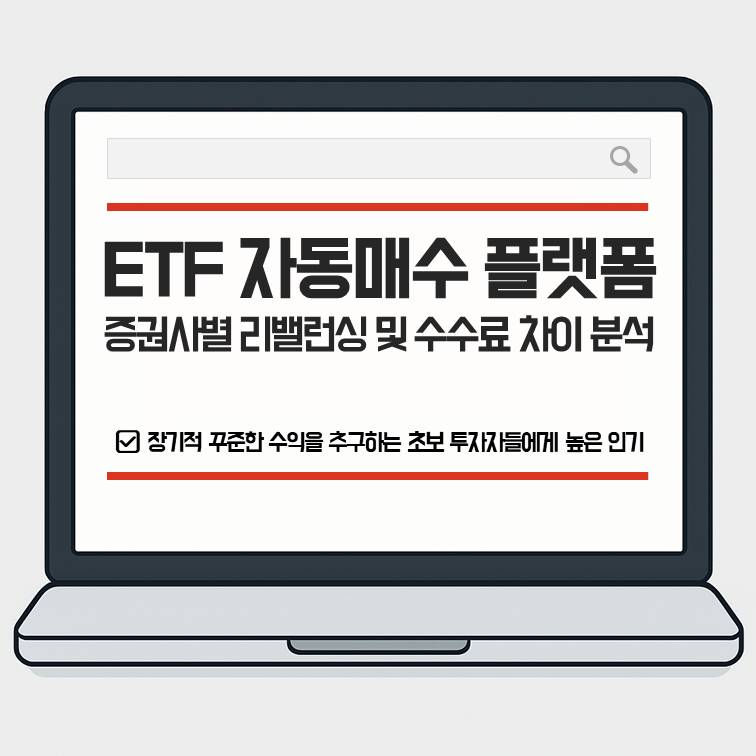 ETF 자동매수 플랫폼 비교 주제를 설명하는 대표 이미지로, 노트북 화면에 &lsquo;증권사별 리밸런싱 및 수수료 차이 분석&rsquo; 문구가 강조된 썸네일 디자인