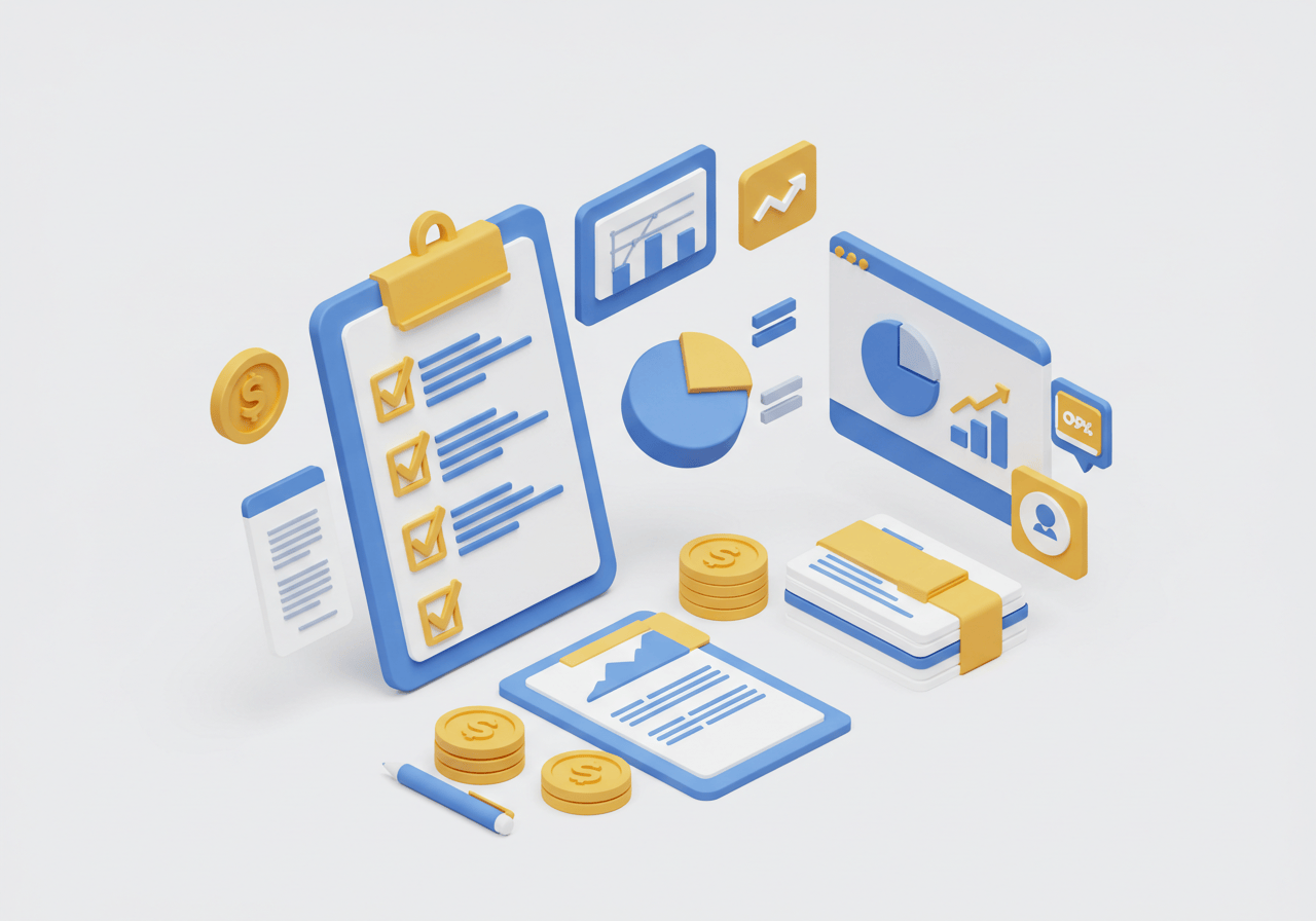 투자자 대상 IR 자료 작성 시 반드시 포함해야 할 핵심 요소들을 체크리스트 형태로 정리한 3D 아이콘 일러스트레이션