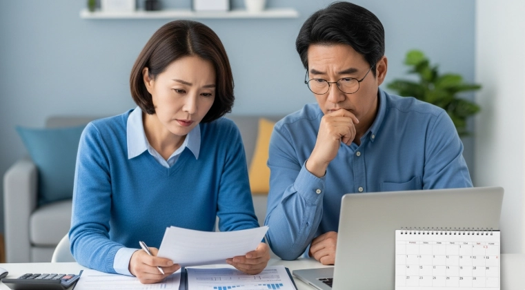 연말정산 서류를 검토하며 세금 공제 누락 여부를 고민하는 40대~50대 부부의 모습.