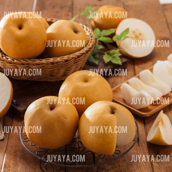 라탄 바구니와 접시에 담긴 신선한 배. 달콤한 맛과 높은 수분 함량으로 겨울철 호흡기 건강에 도움.