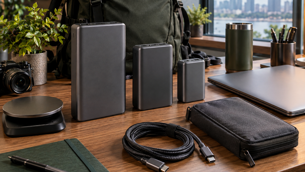 백팩 옆 노트북 보조배터리, USB-C 케이블과 보호 파우치의 휴대 구성