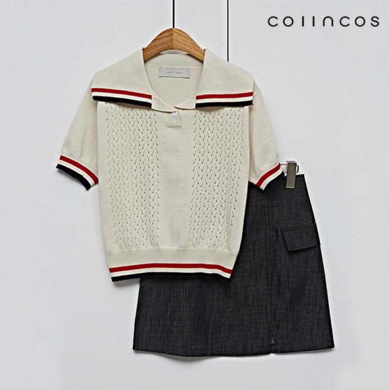 코인코즈 배색 세일러 카라 펀칭 반팔 니트 IY3MP5070