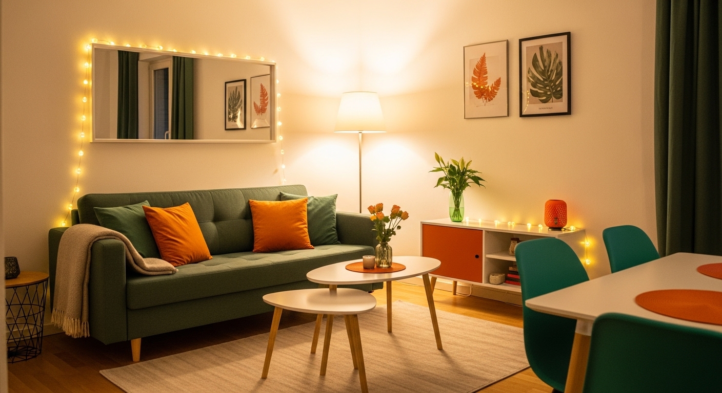 가구 재배치와 간접 조명으로 넓고 아늑하게 연출된 월세 자취방 거실 공간.