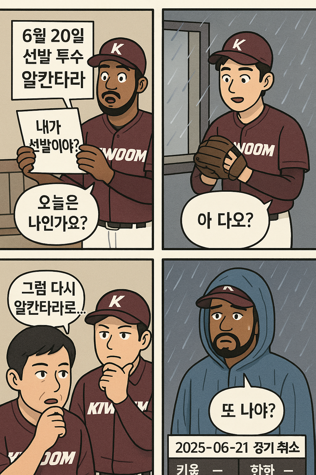 키움 히어로즈는 장맛비로 선발투수 변경이 이어졌어요.
알칸타라 ➡ 정현우 ➡ 다시 알칸타라…
홍원기 감독님도 고민 가득, 선수들도 당황했던 하루하루였죠!