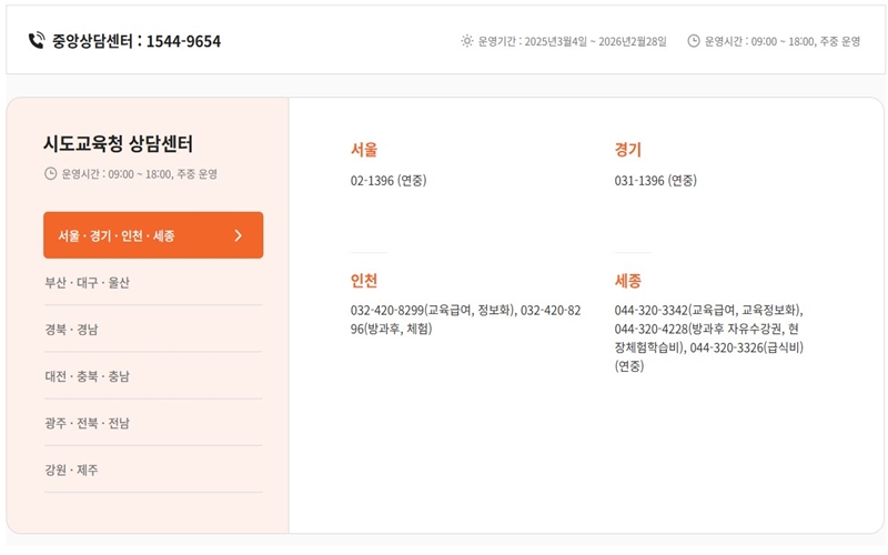 시도교육청 상담센터 전화번호 안내
