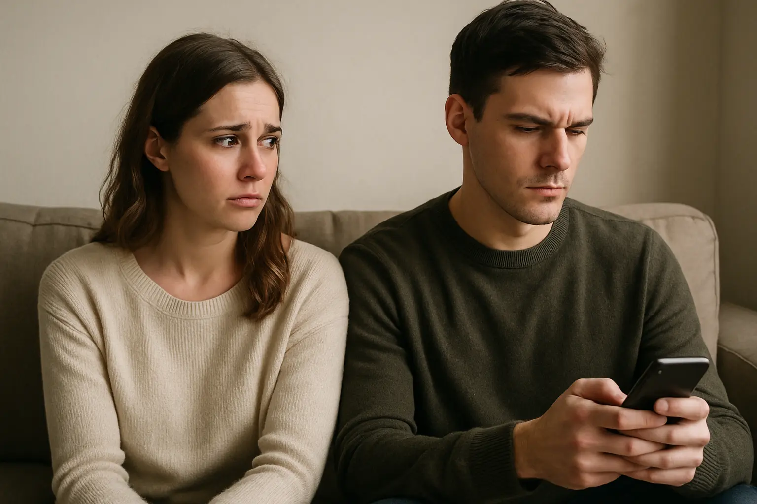 A sad woman looking at her boyfriend who is ignoring her and using his phone, showing emotional distance in a relationship