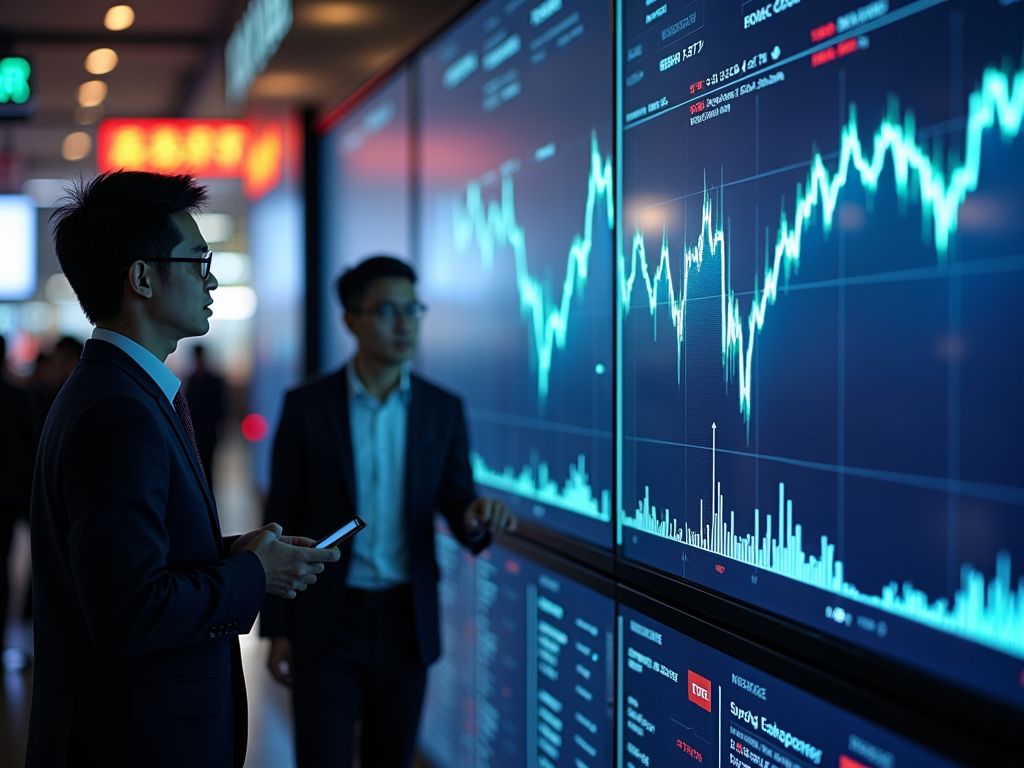 주식 전광판 앞에 서있는 두 남자 이미지 입니다.