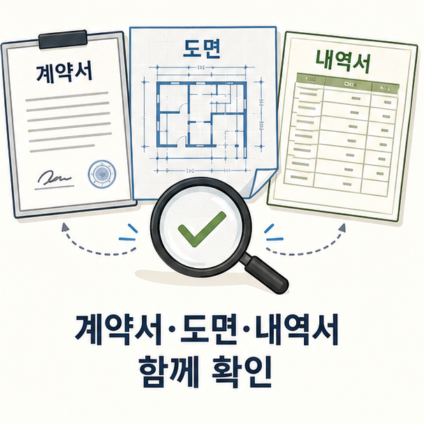 계약서와 도면, 공사내역서를 함께 비교하고 확인하는 모습