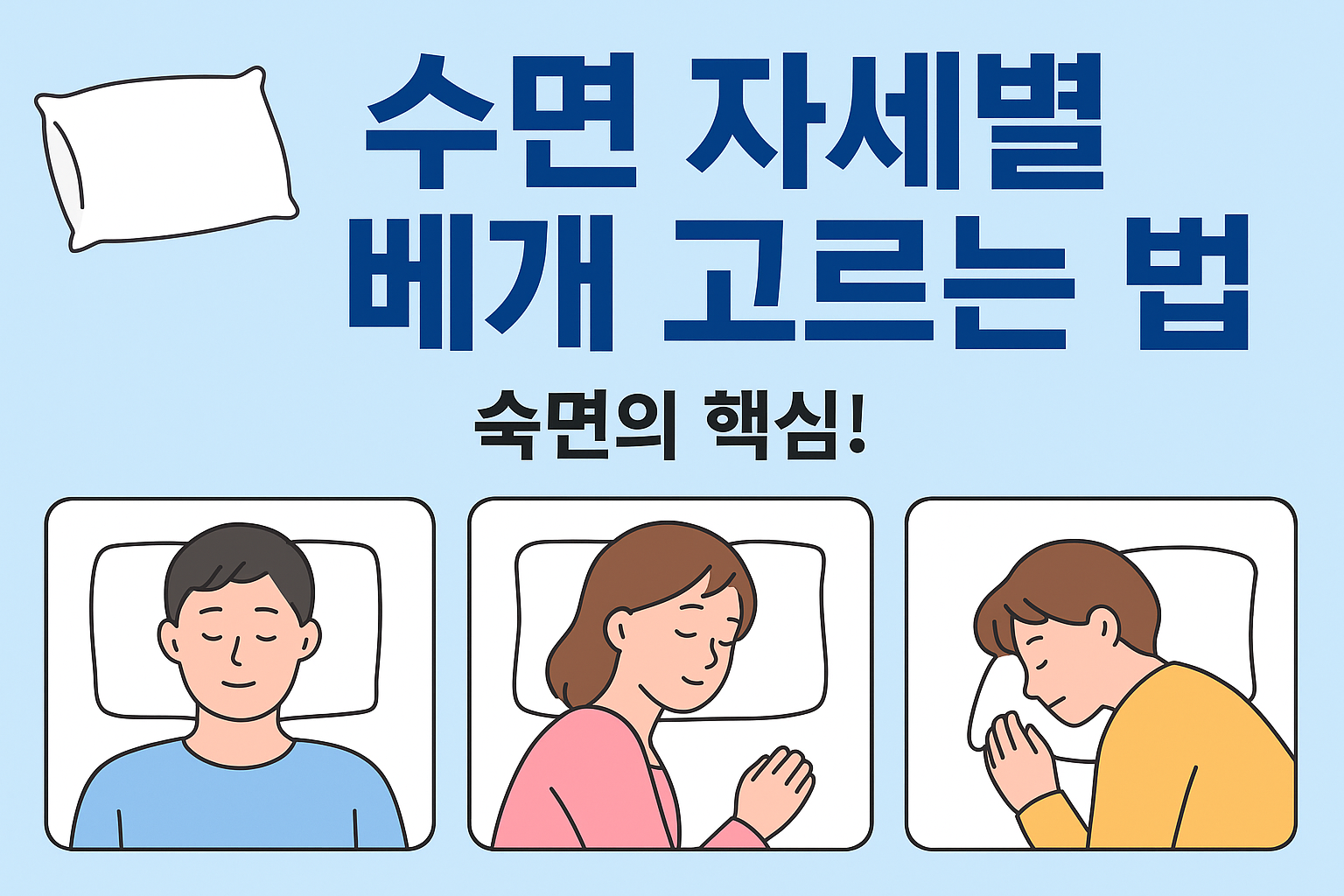 {"alt":"수면 자세별 베개 고르는 법 인포그래픽 – 바로 눕기, 옆으로 눕기, 엎드려 자기 등 자세별 맞춤 베개 선택 안내"}