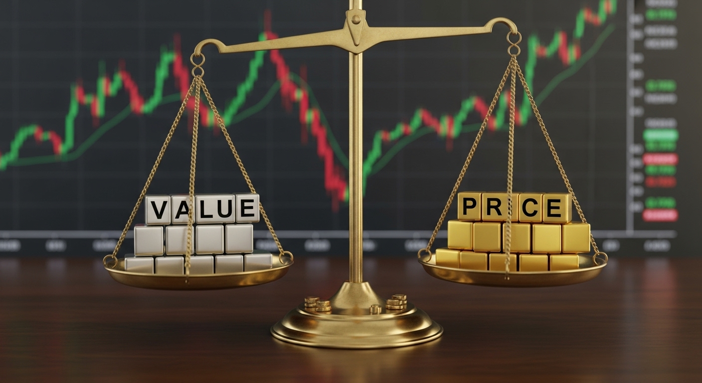 가치와 가격이 균형을 이루는 저울. 합리적인 기업 가치 평가의 중요성을 나타내는 이미지.