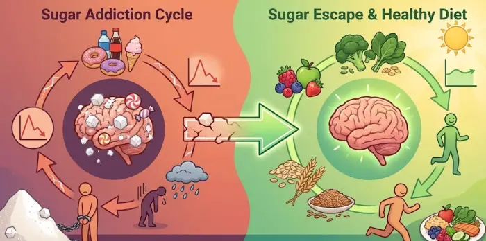 왼쪽 붉은색 배경에는 도넛과 사탕, 급격한 감정 그래프, 쇠사슬에 묶인 지친 사람의 악순환 고리가 있습니다. 중앙의 사슬 끊는 화살표를 지나, 오른쪽 초록색 배경에는 건강한 식단과 안정적 에너지 그래프, 활력 넘치게 달리는 사람의 선순환 고리가 대비된 일러스트.