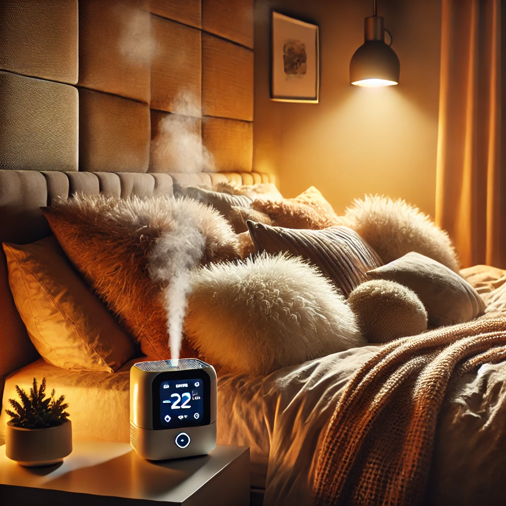 포근한 침대, 따뜻한 간접조명, 적절한 습도와 온도를 나타내는 감성적인 침실 이미지