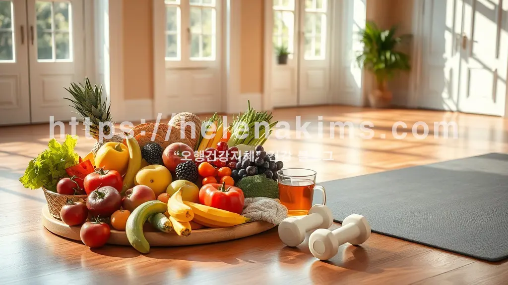 다채로운 신선한 과일, 채소, 통곡물 빵, 허브차로 구성된 건강한 식단이 놓여 있다. 그 옆으로는 요가 매트와 가벼운 아령이 놓여 있어 활력 넘치는 건강한 라이프스타일을 연상시키는 이미지.