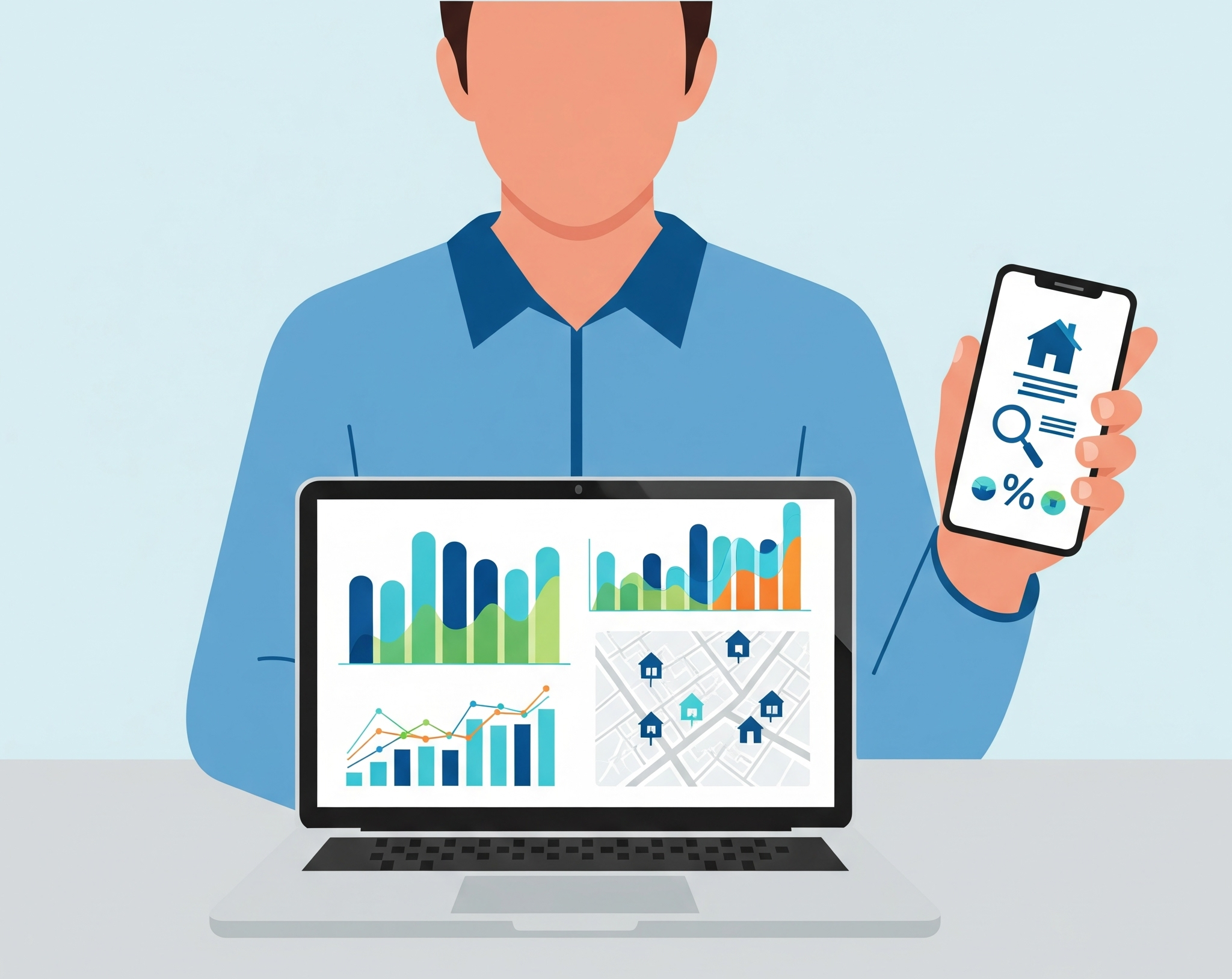 노트북과 스마트폰으로 호갱노노, 네이버부동산 등 부동산 앱을 활용해 손품 파는 모습