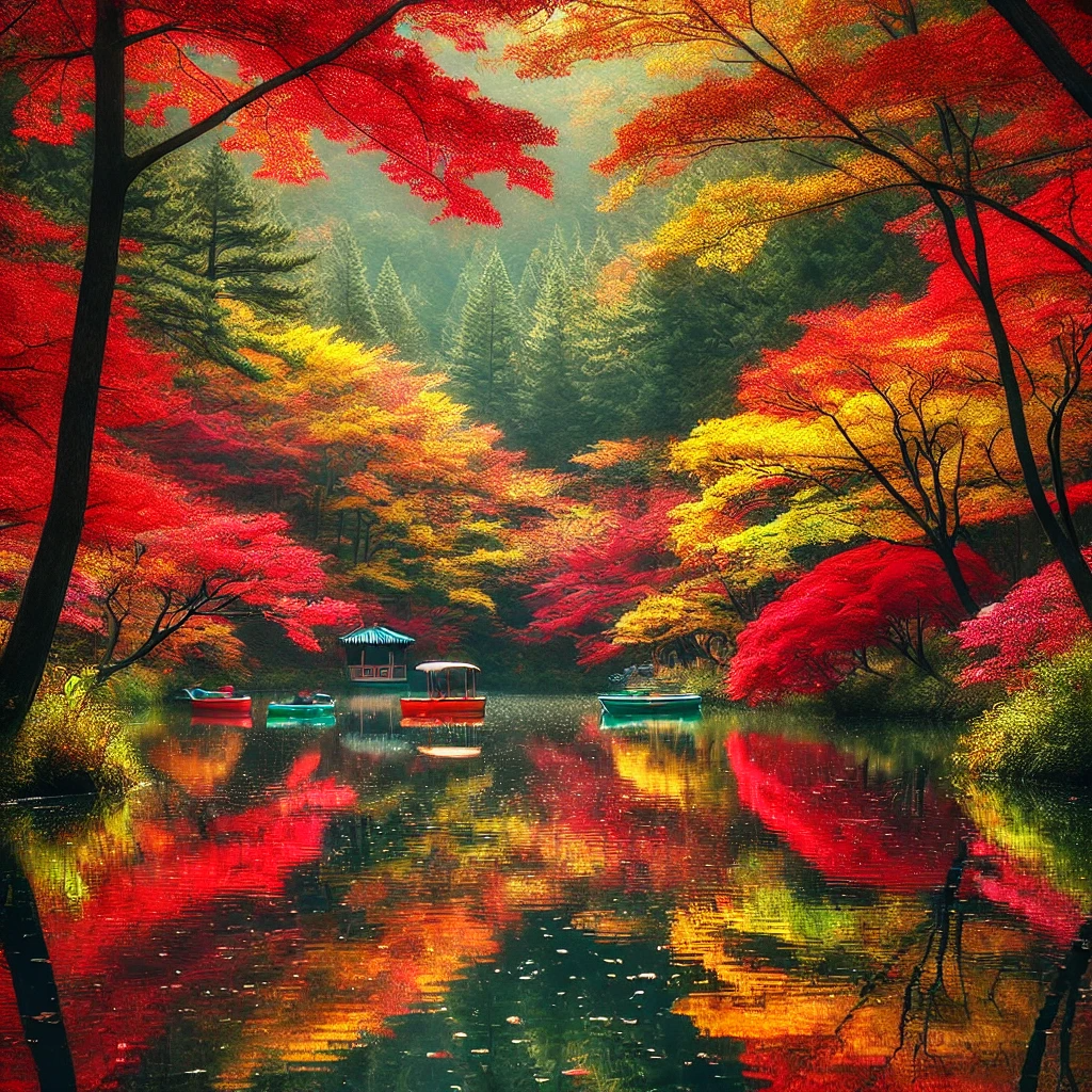 화담숲에서 단풍이 비치는 고요한 호수와 정박한 작은 배들