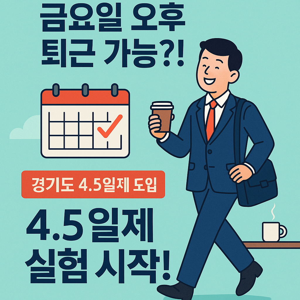 정장을 입고 커피를 든 직장인이 금요일 조기 퇴근을 상징하는 달력 앞에서 미소 짓는 모습, 경기도 4.5일제 시범사업 홍보 일러스트