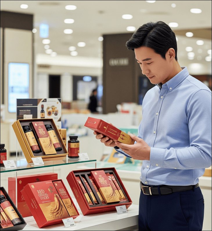 남성이-백화점에서-홍삼-제품을-들어보며-비교하고-있다.