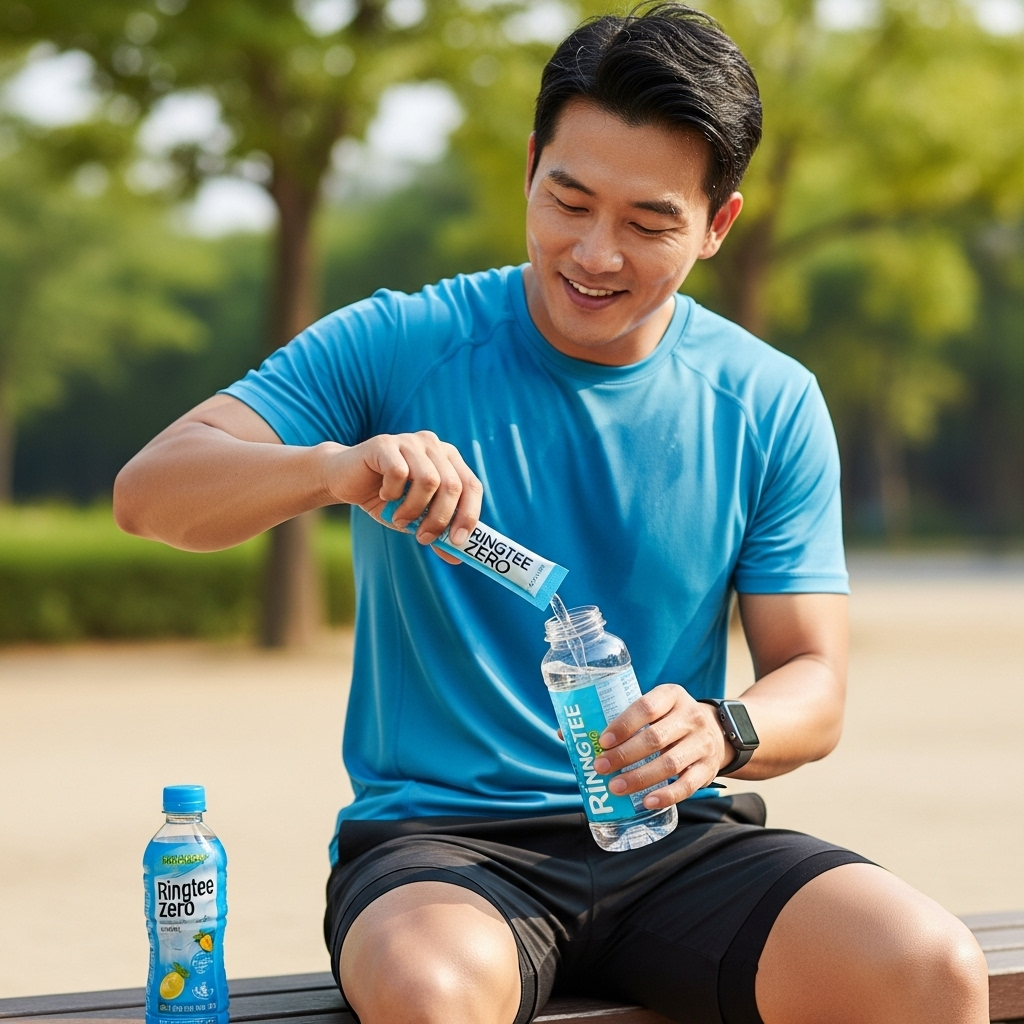 운동 후 땀을 흘리는 한 남성이 일반 이온음료 대신 링티제로를 물병에 타서 마시는 모습