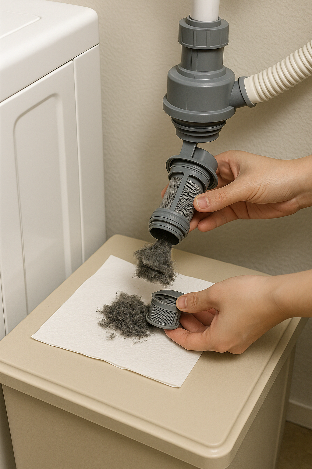 세탁기 배수 호스에 연결된 외장형 포집 장치에서 카트리지를 분리해 종이수건 위로 보풀을 털어내는 손