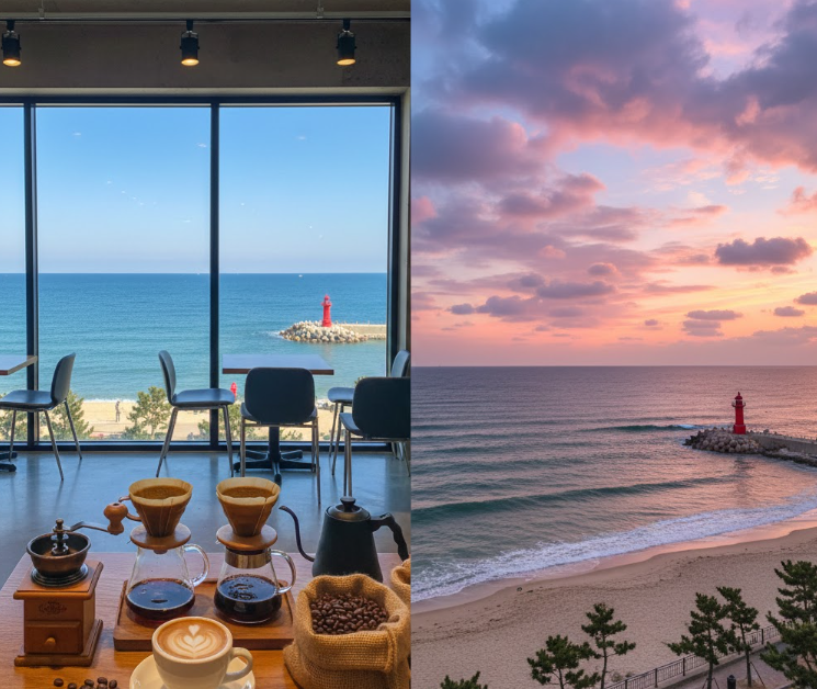 강릉 커피거리와 동해바다 사진