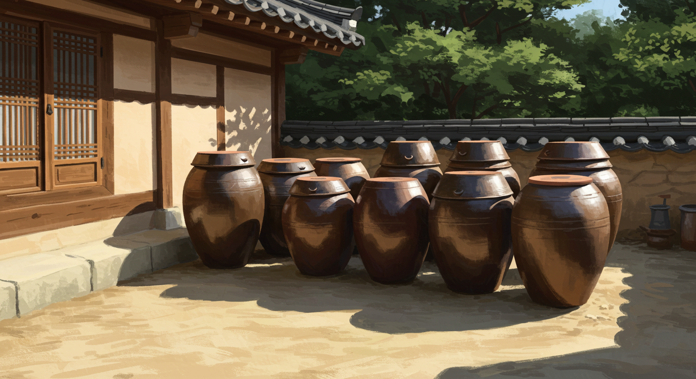 마당 한쪽에 줄지어 놓인 전통 장독대와 햇빛을 받으며 익어가는 장항아리들