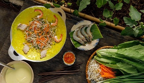 반쎄오, 소스, 야채, 새우, 돼지고기, 접시