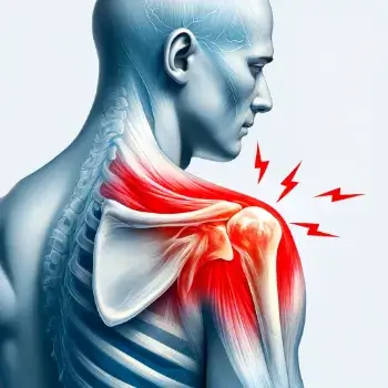 오십견으로 인한 통증 부위가 붉게 표시 된 뼈와 근육을 포함한 어깨.