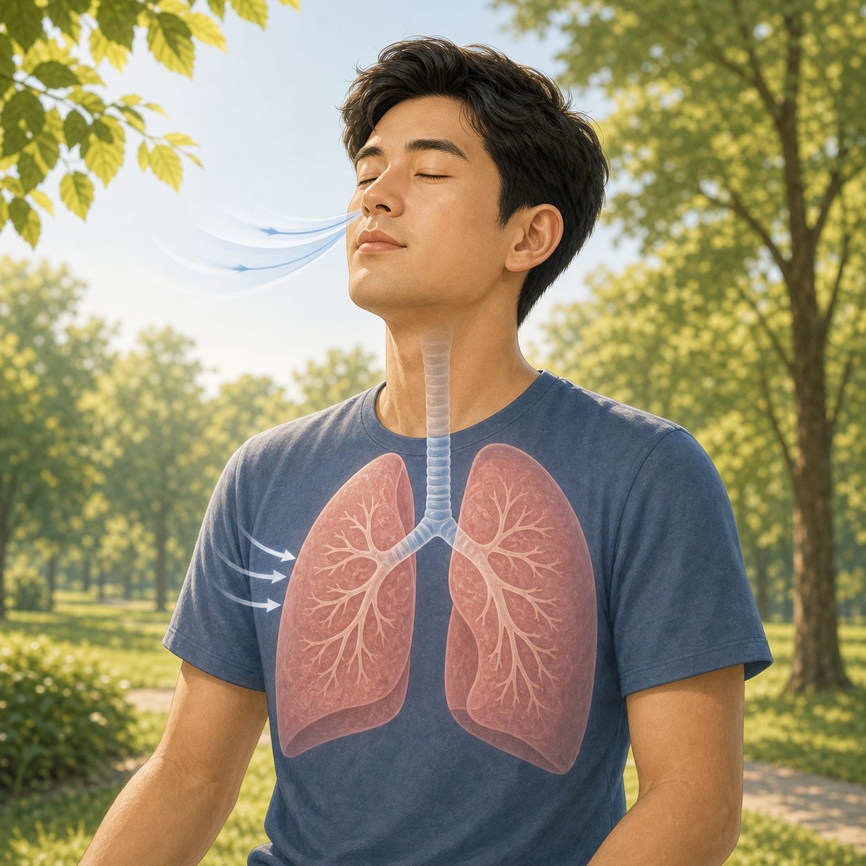 A calm person breathing with a simple lung diagram overlay