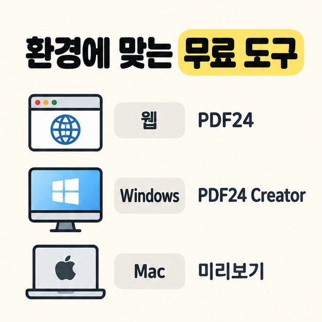 웹과 PDF24, Windows와 PDF24 Creator, Mac과 미리보기를 세 줄로 연결해 환경별 무료 도구를 보여주는 그림