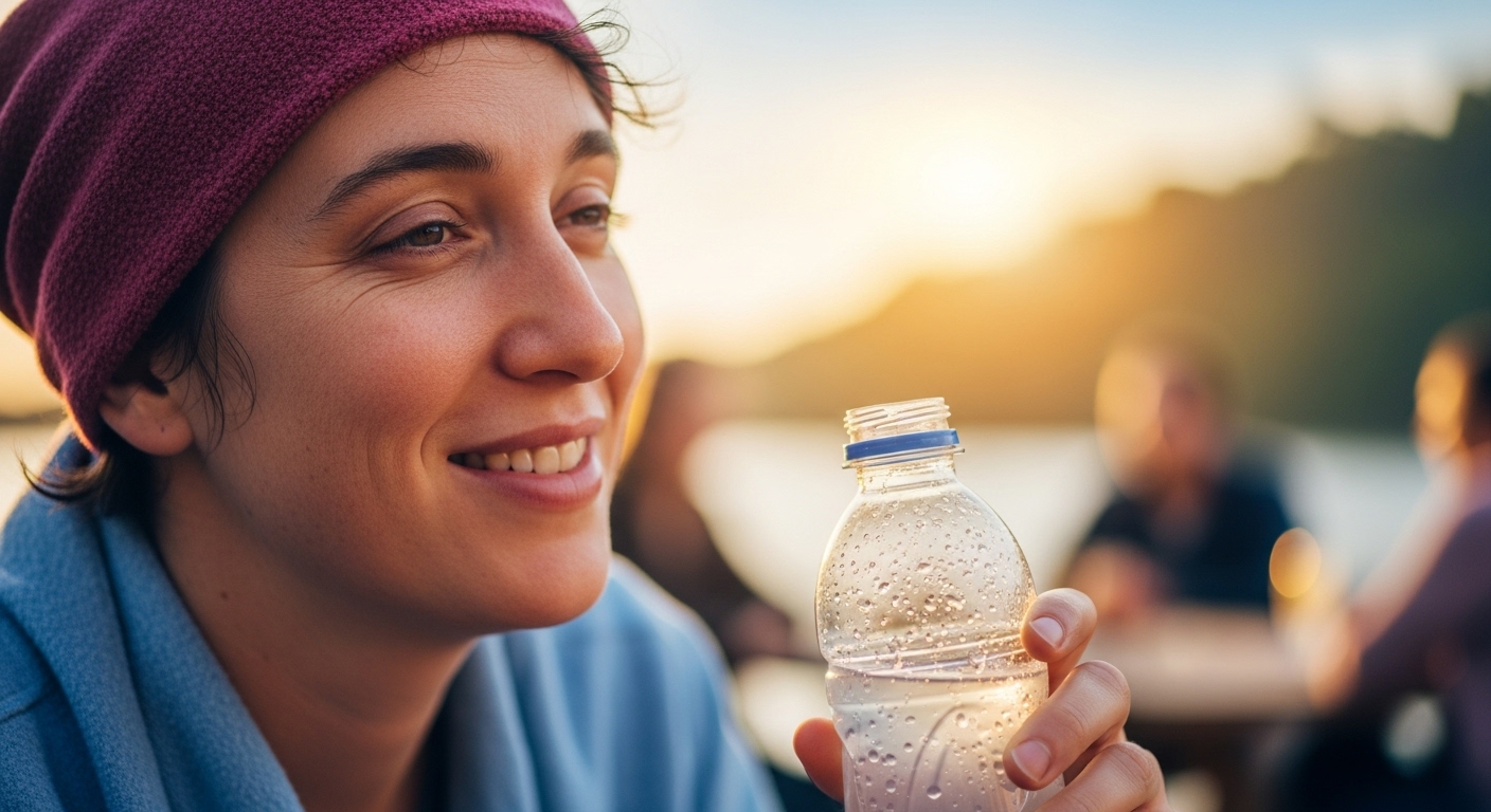 숙취로 지친 사람이 이온음료를 마시고 활력을 되찾는 모습.