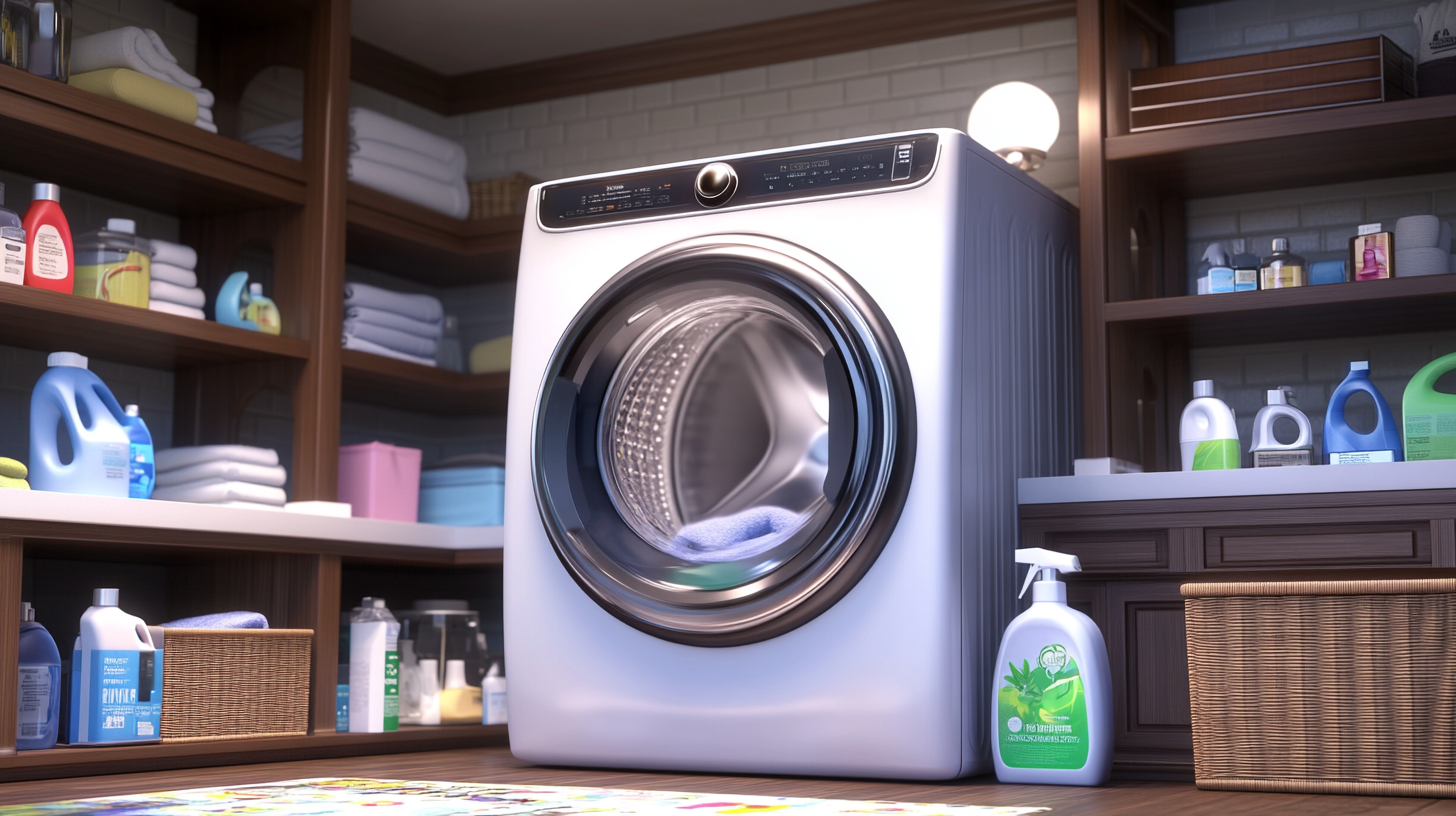최신 가전제품과 친환경 세제들로 가득한 현대적인 세탁실에 놓인 미래지향적인 디자인의 첨단 삼성 세탁기 이미지