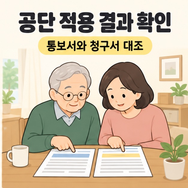 공단 적용 결과 확인 문구 아래 노인과 가족이 식탁에 나란히 펼친 통보서와 청구서를 비교하는 모습