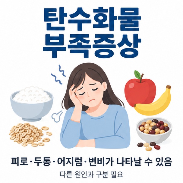 탄수화물 부족증상과 피로 두통 어지럼 변비를 곡류 과일 아이콘과 함께 보여주는 교육용 이미지