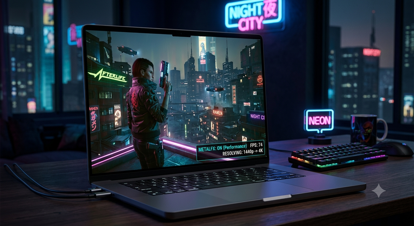 맥북 프로에서 사이버펑크 2077 네이티브 버전을 MetalFX 업스케일로 실행한 화면