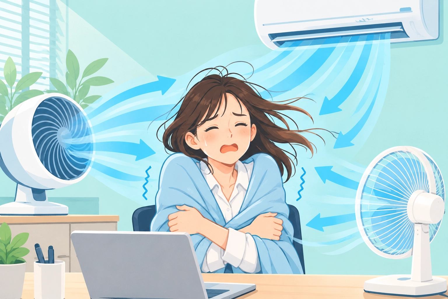 냉방기기 세 대가 한 사람에게 바람을 부는 일러스트