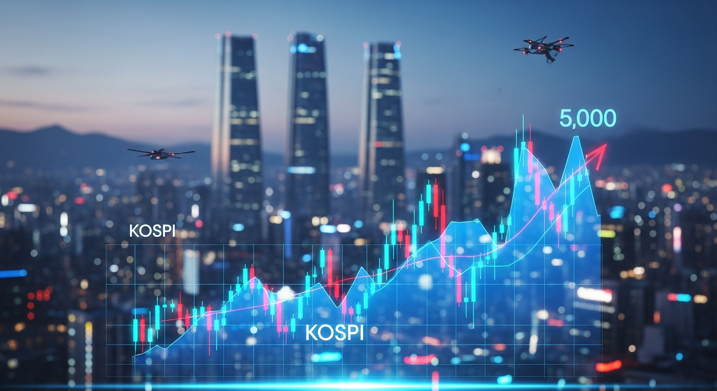 서울의 미래 도시 배경, 코스피 지수가 5000 포인트를 돌파하는 미래지향적인 주식 시장 차트, 디지털 홀로그램 인터페이스, 선명한 파란색과 빨간색의 상승 트렌드, 최첨단 금융 분위기.