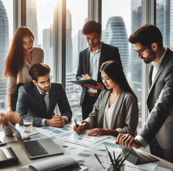 사무실에서 직원들이 회의하고 있는 모습