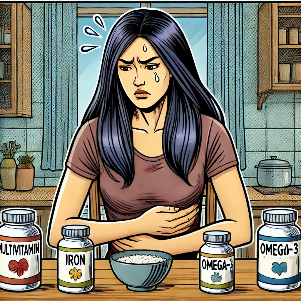 공복중 피해야 할 영양제를 먹어 속이 안좋은 여성