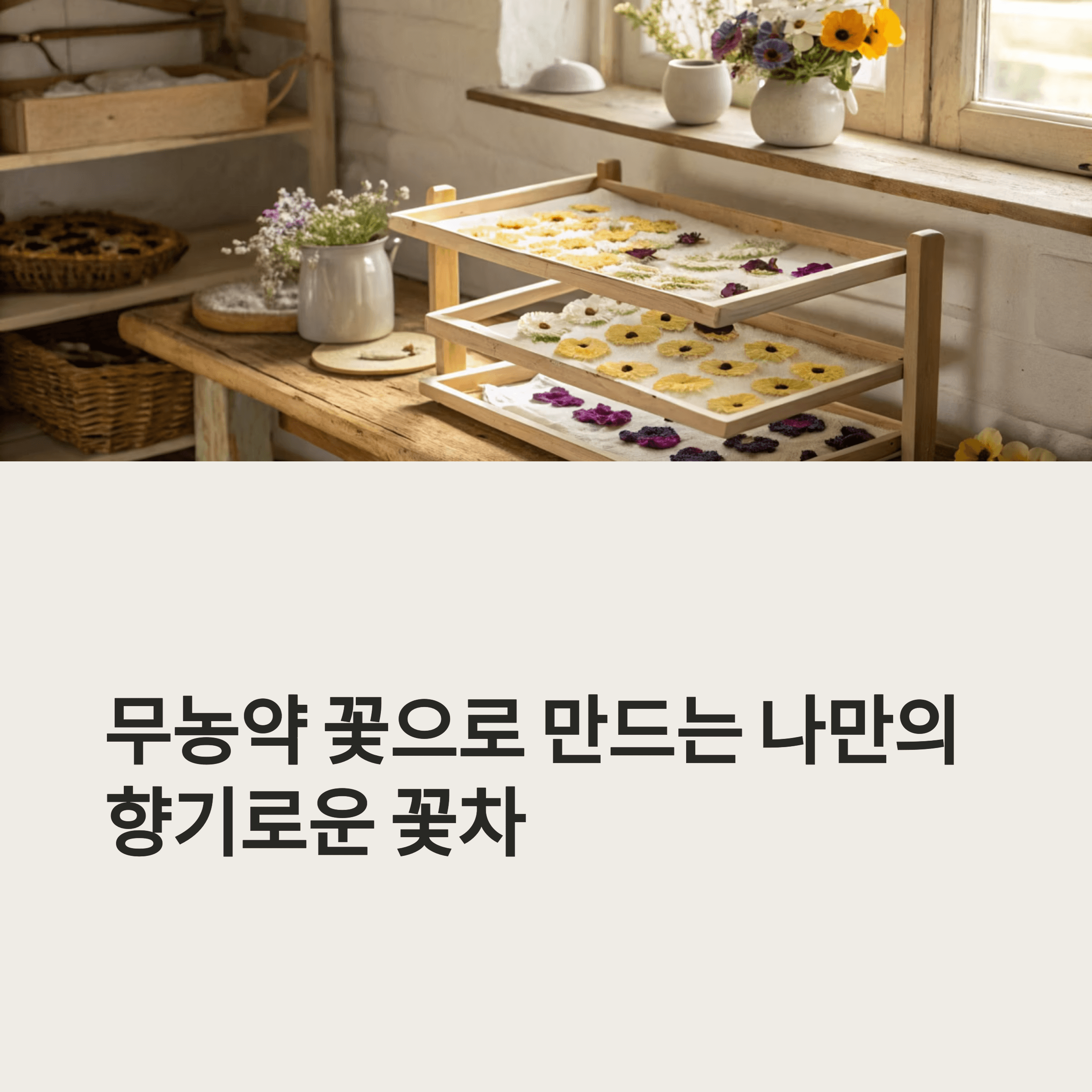 Organic edible flowers drying on a wooden rack