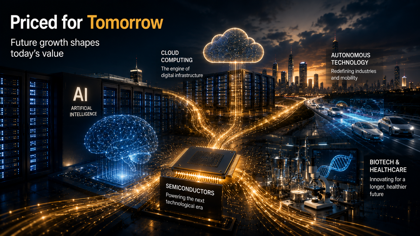 Artificial intelligence, semiconductors, cloud infrastructure, and autonomous technology connected through future investment and innovation.