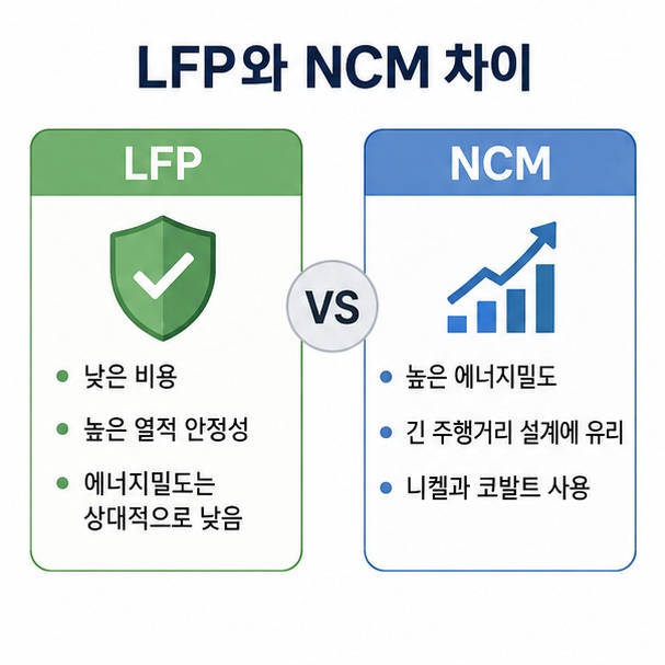 LFP의 비용과 열적 안정성, NCM의 높은 에너지밀도와 주행거리 설계 장점을 비교한 이미지