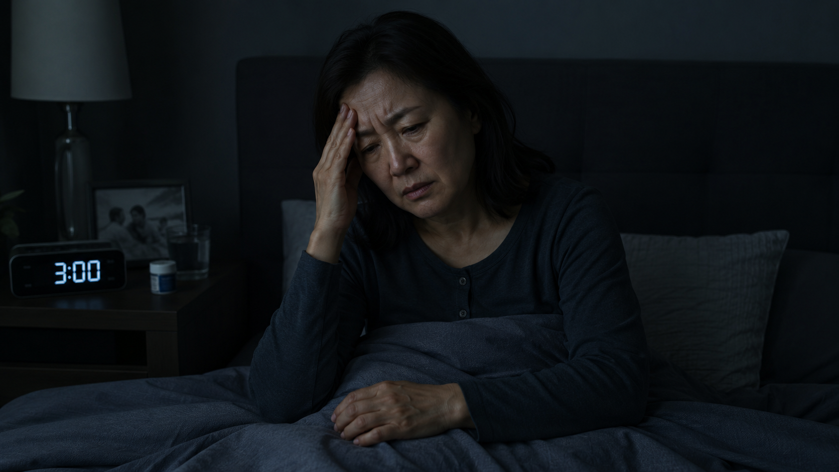 새벽 3시를 가리키는 시계 옆에서 꼬리를 무는 잡생각 때문에 잠 못 이루고 이마를 짚으며 괴로워하는 50대 중년 여성의 모습