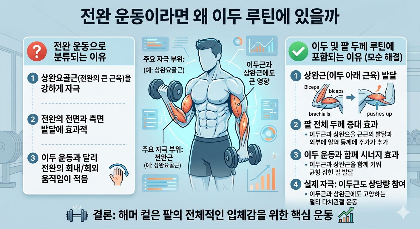 전완 운동이라면 왜 이두 루틴에 있을까