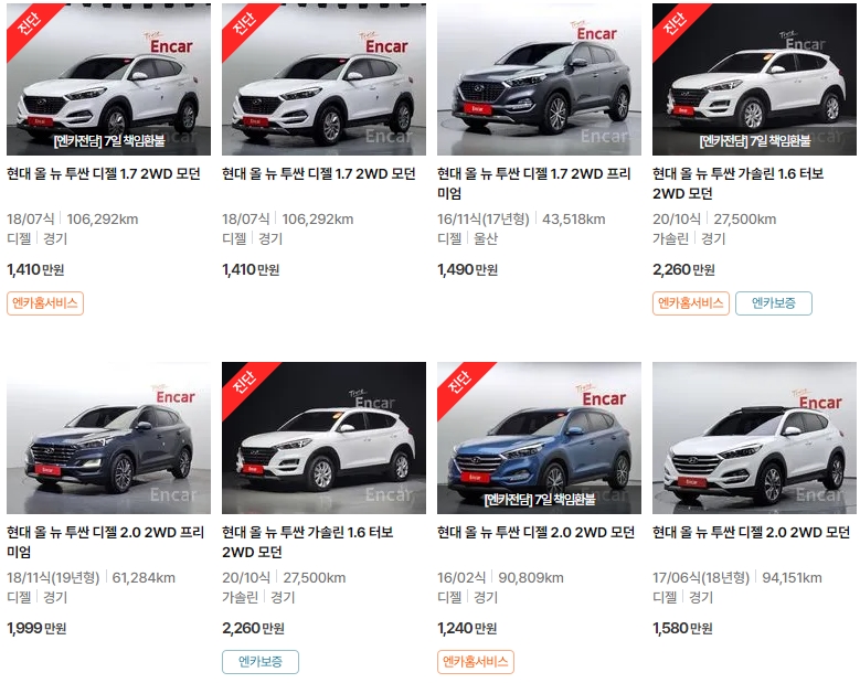 올 뉴 투싼 중고차 가격표 (엔카)