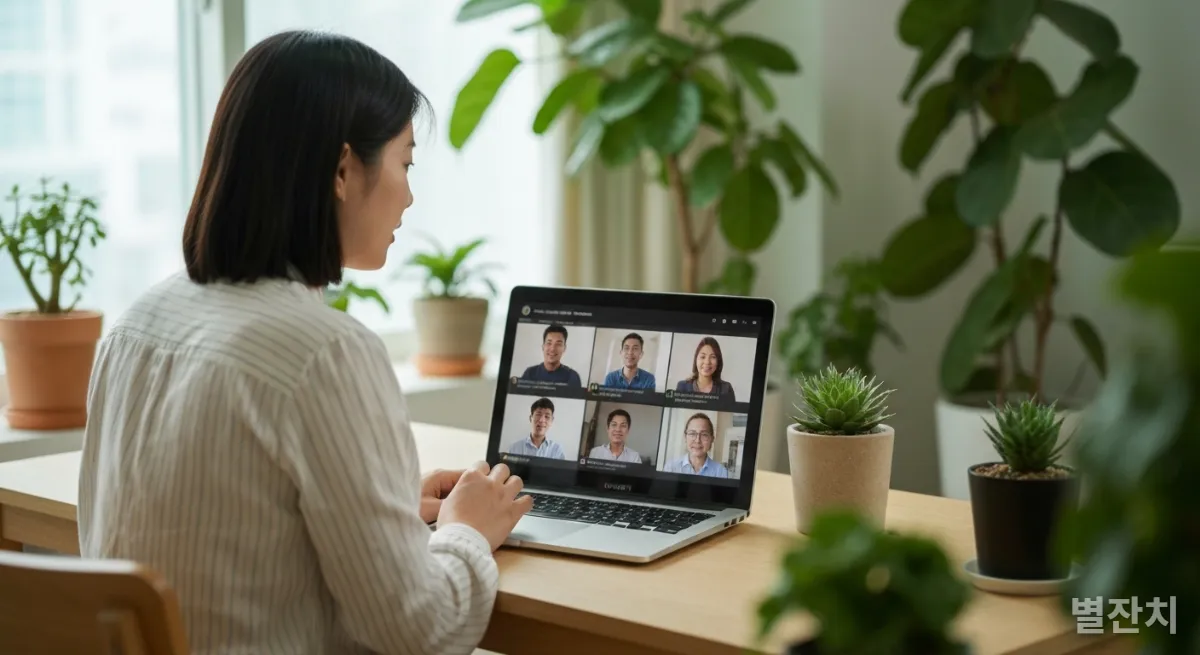 한국 여성 기업 리더가 분당 집에서 글로벌 파트너들과 투명한 지배구조에 대해 화상 회의하는 모습