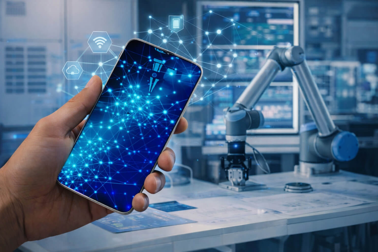 스마트폰 화면의 AI 네트워크 데이터와 실험실 로봇팔 자동화 기술을 보여주는 미래 기술 이미지