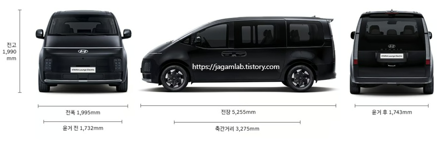 스타리아 라운지 일렉트릭 전장, 전폭, 전고, 축거, 윤거 전후 제원