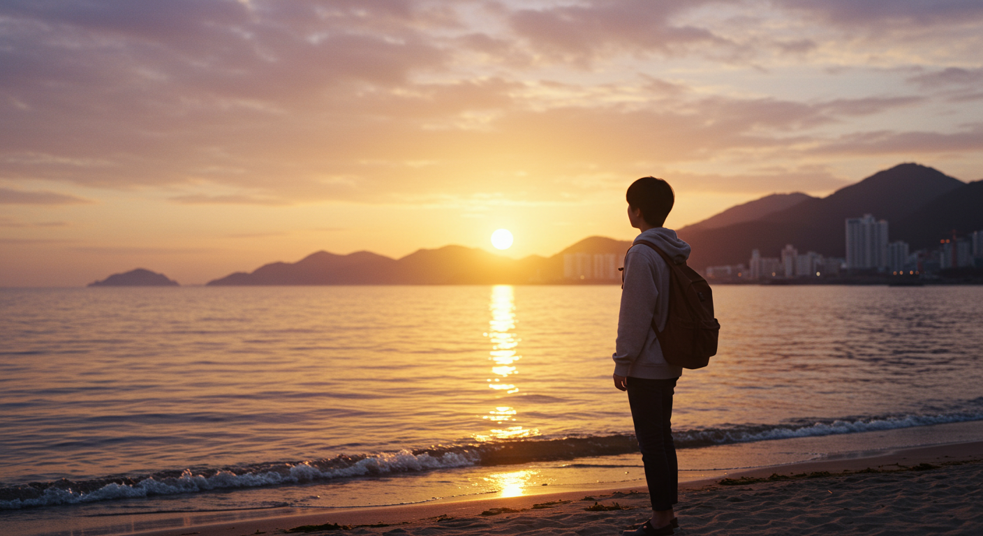 속초 해변에서 일출을 감상하는 한국인 여행자